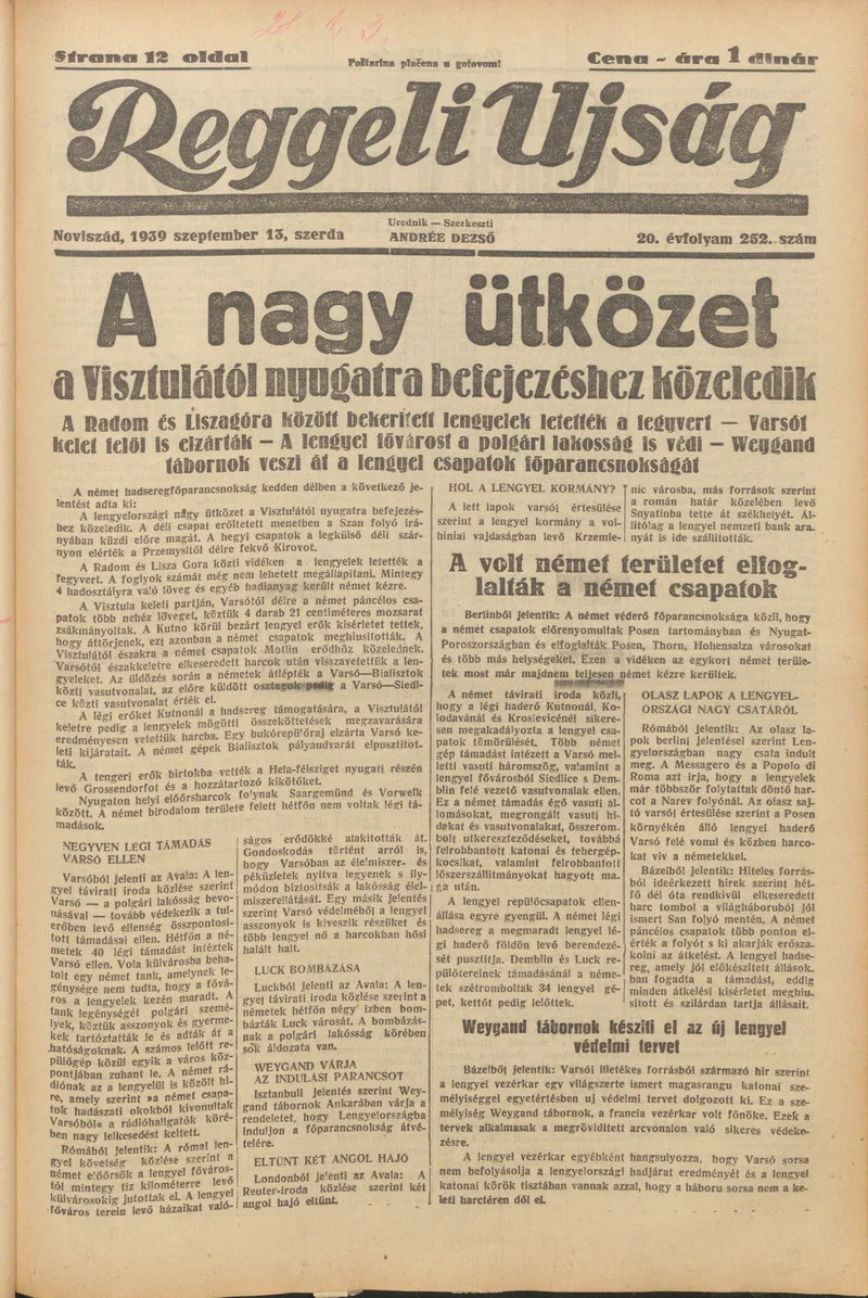 Reggeli Újság, 20. évf. 1939. szeptember 13. 252. sz.