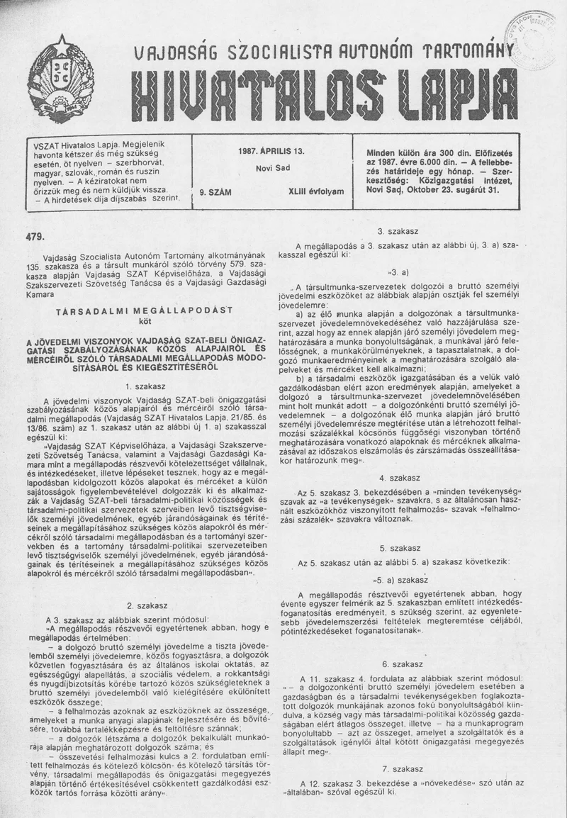 Vajdaság Szocialista Autonóm Tartomány Hivatalos Lapja, 43. évf. 1987. április 13. 9. sz.