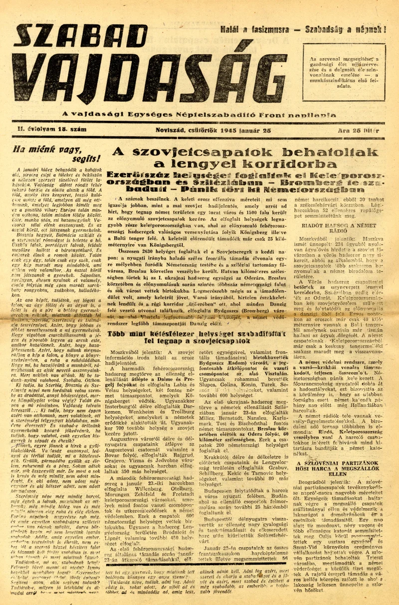 Szabad Vajdaság, 2. évf. 1945. január 25. 18. sz.