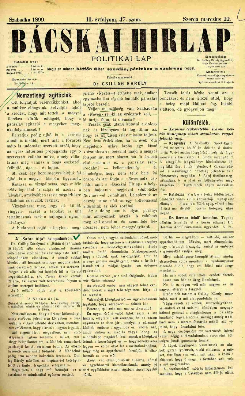 Bácskai Hirlap, 3. évf. 1899. március 22. 47. sz.