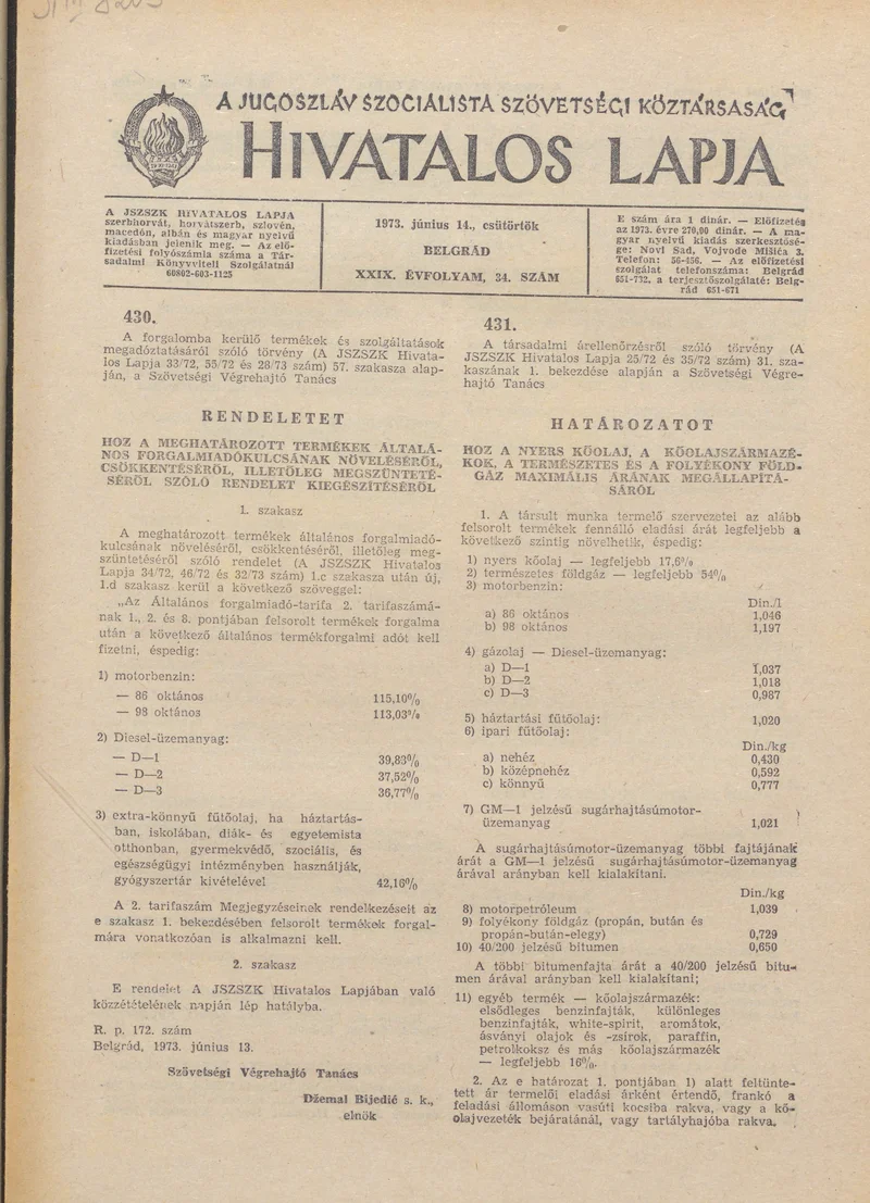A Jugoszláv Szocialista Szövetségi Köztársaság Hivatalos Lapja, 29. évf. 1973. június 14. 34. sz. 1073–1076. oldal