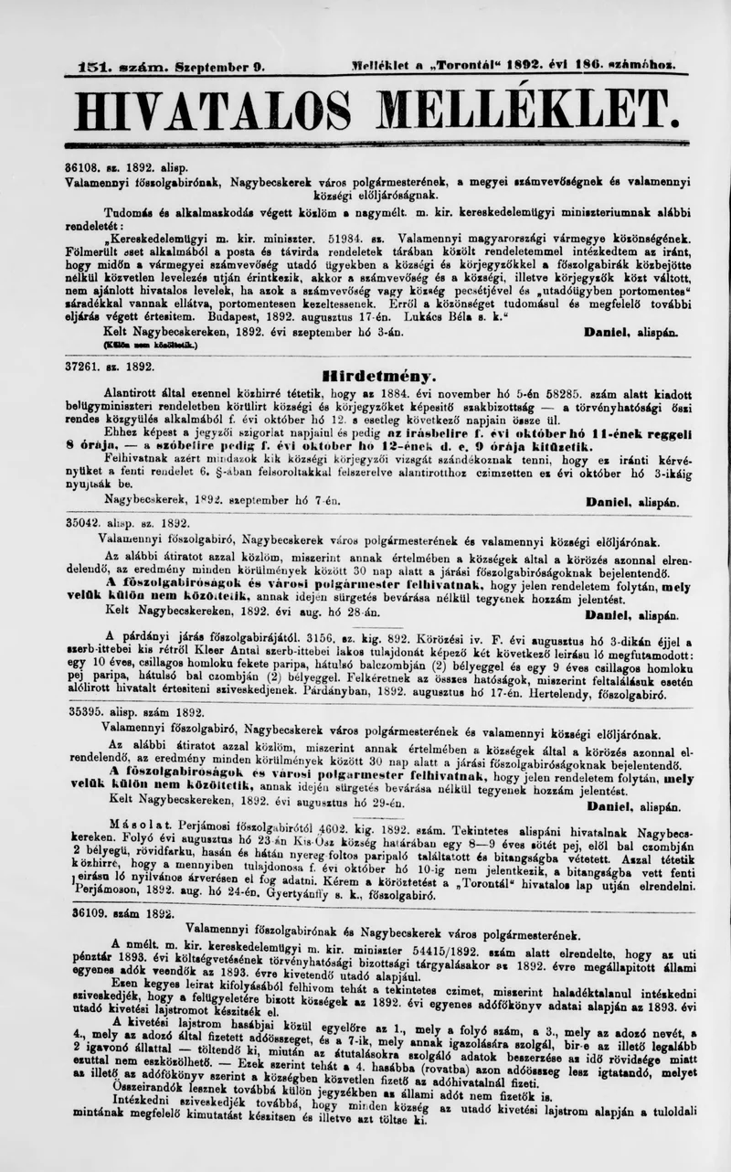 A Totontál  hivatalos melléklete, 5. évf. 1892. szeptember 9. 151. sz.