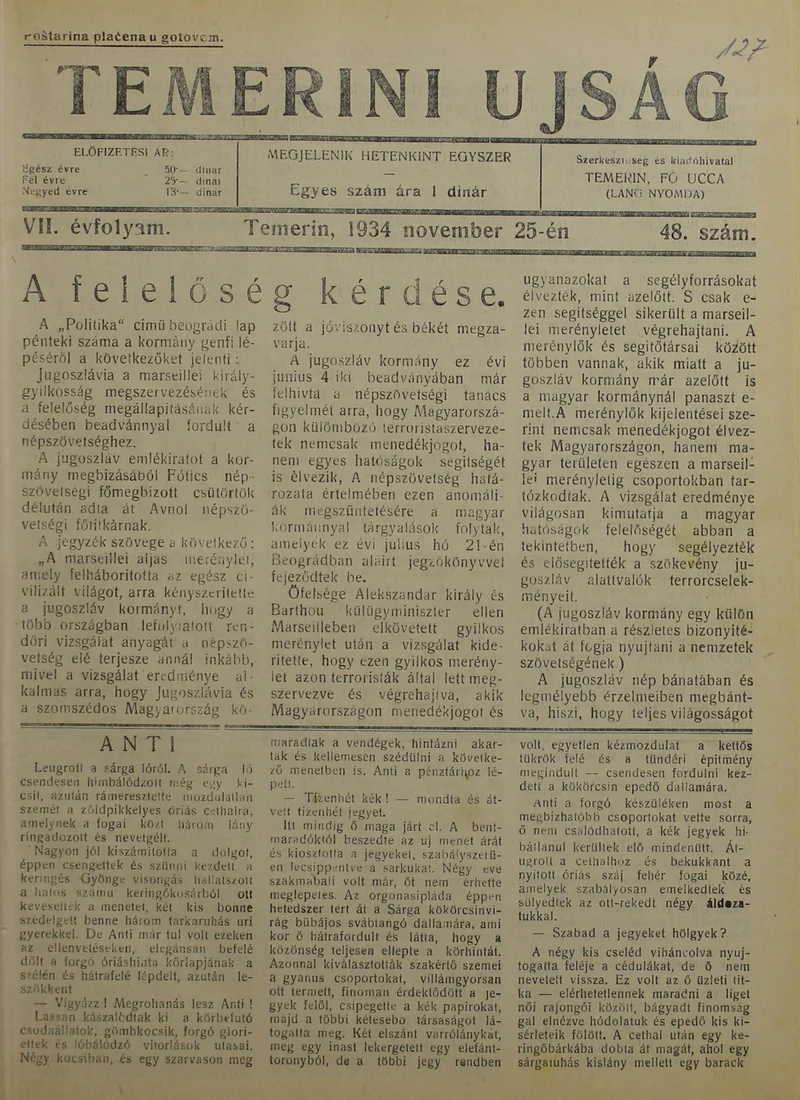 Temerini Újság 1928-1944, 7. évf. 1934. november 25. 48. sz.