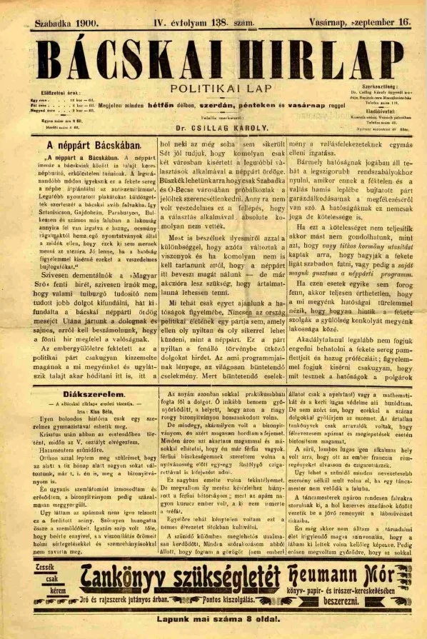Bácskai Hirlap, 4. évf. 1900. szeptember 16. 138. sz.