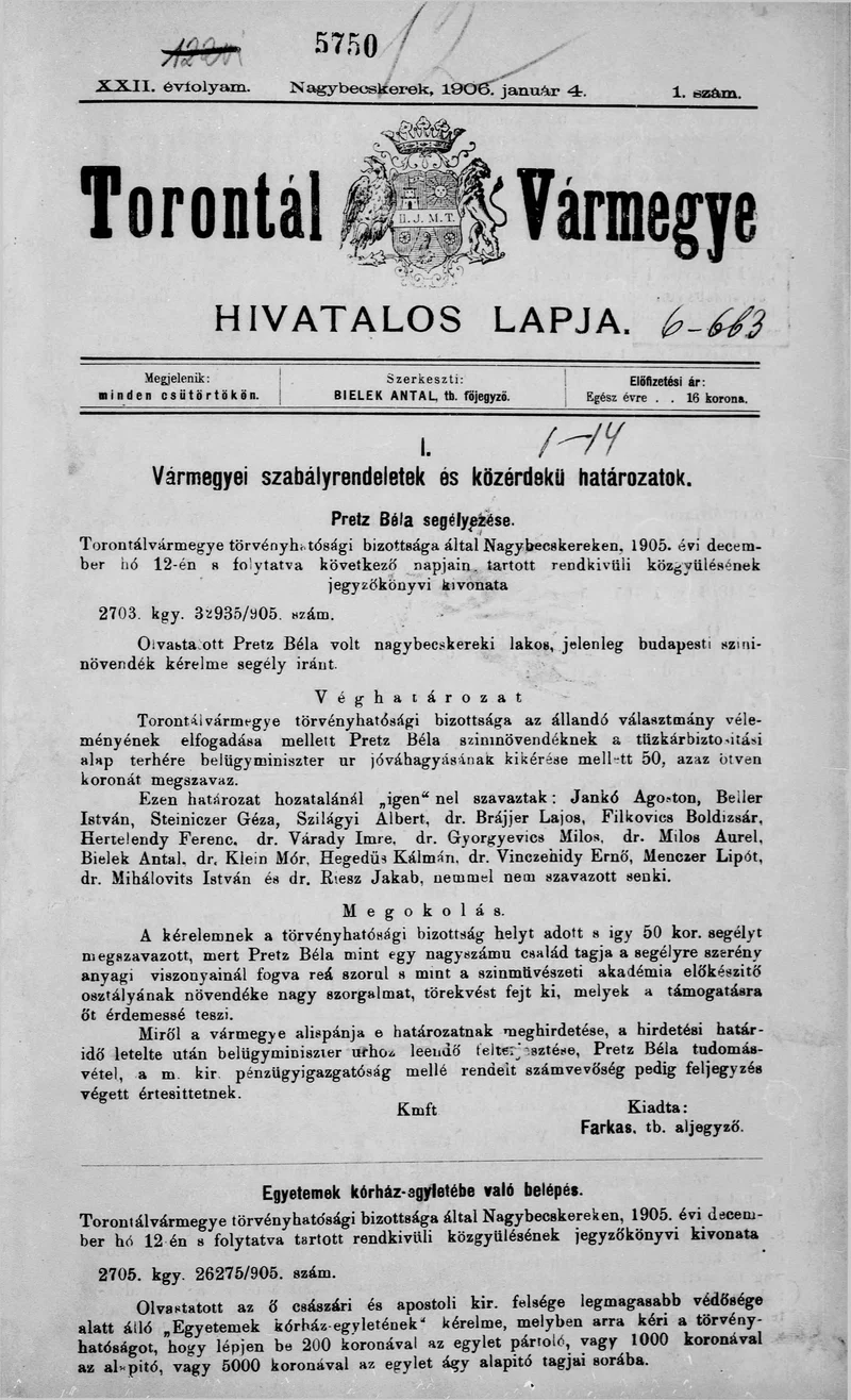 Torontál Vármegye Hivatalos Lapja, 22. évf. 1906. január 4. 1. sz.