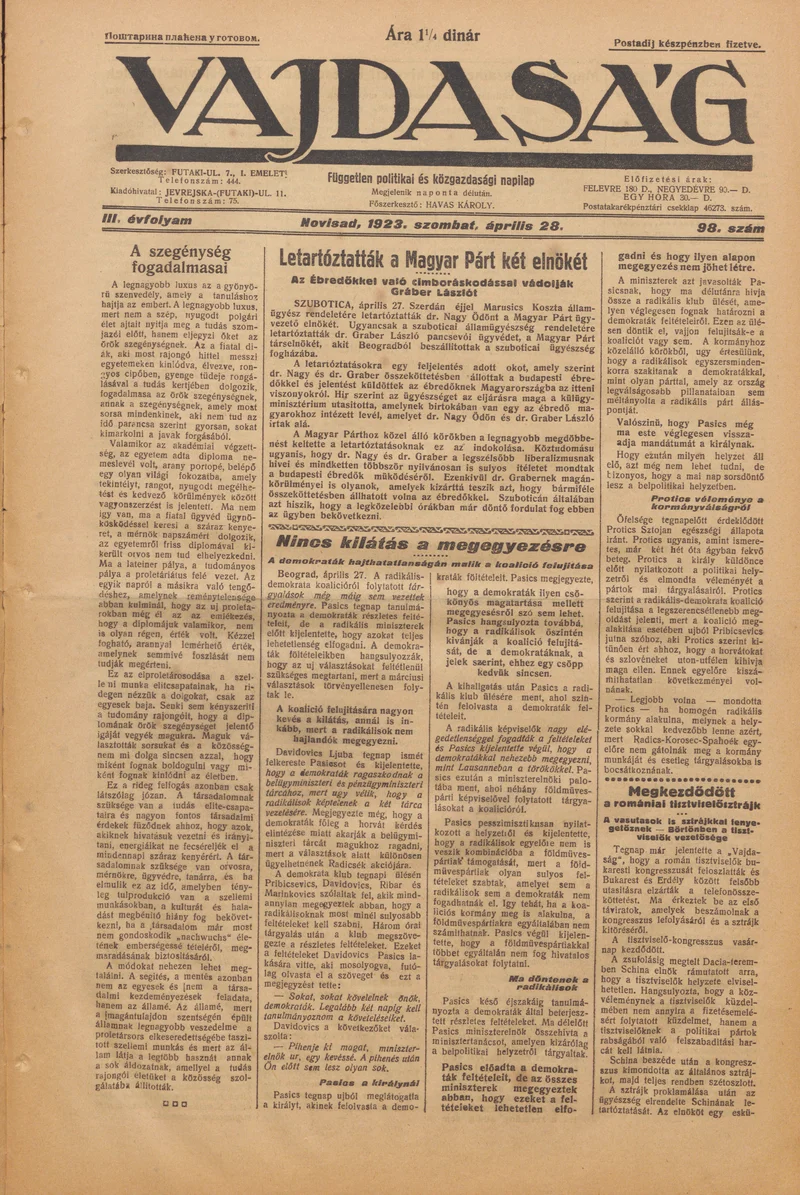 Vajdaság, 3. évf. 1923. április 28. 98. sz.
