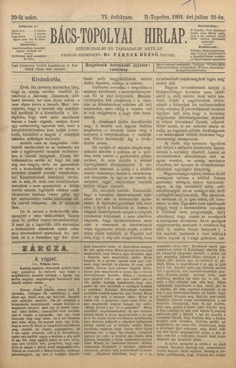 Bács-Topolyai Hirlap, 6. évf. 1901. július 21. 29. sz.