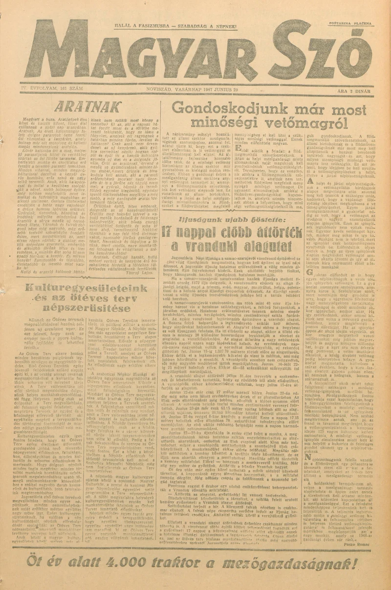 Magyar Szó, 4. évf. 1947. június 29. 161. sz. 1–8. oldal