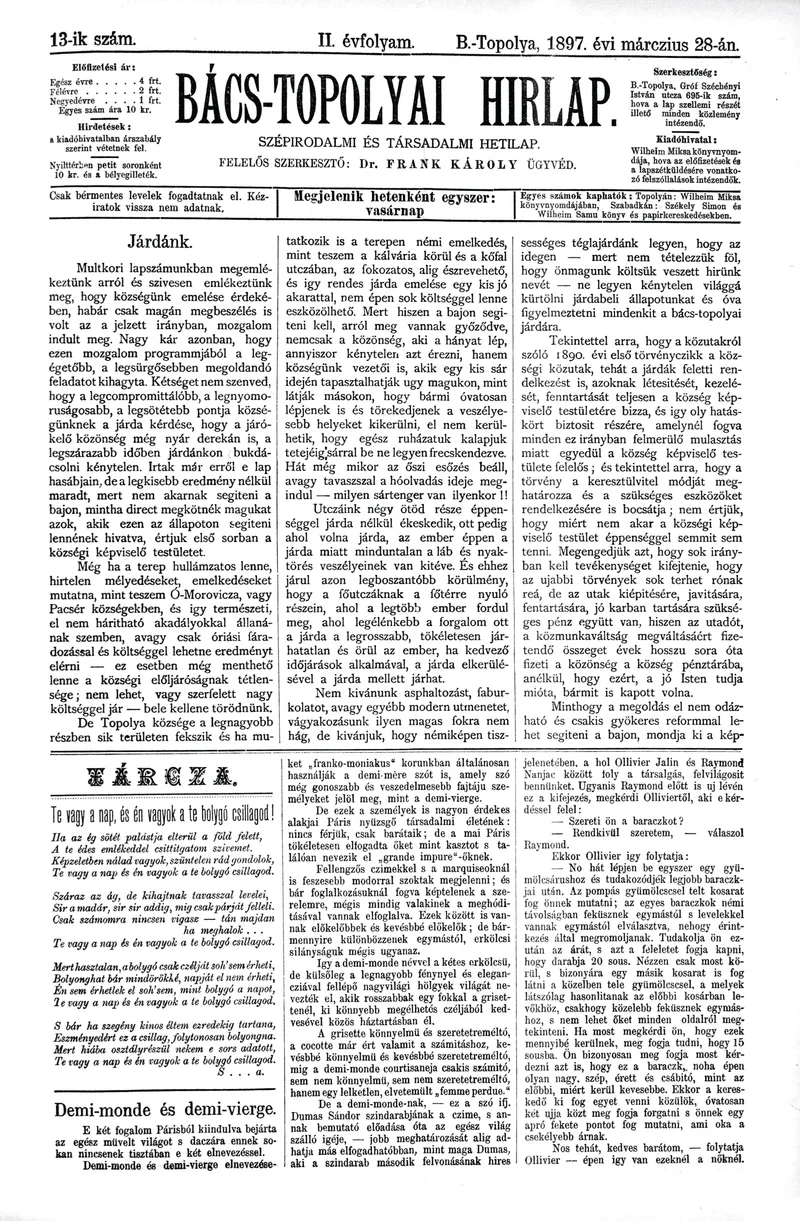 Bács-Topolyai Hirlap, 2. évf. 1897. március 28. 13. sz.