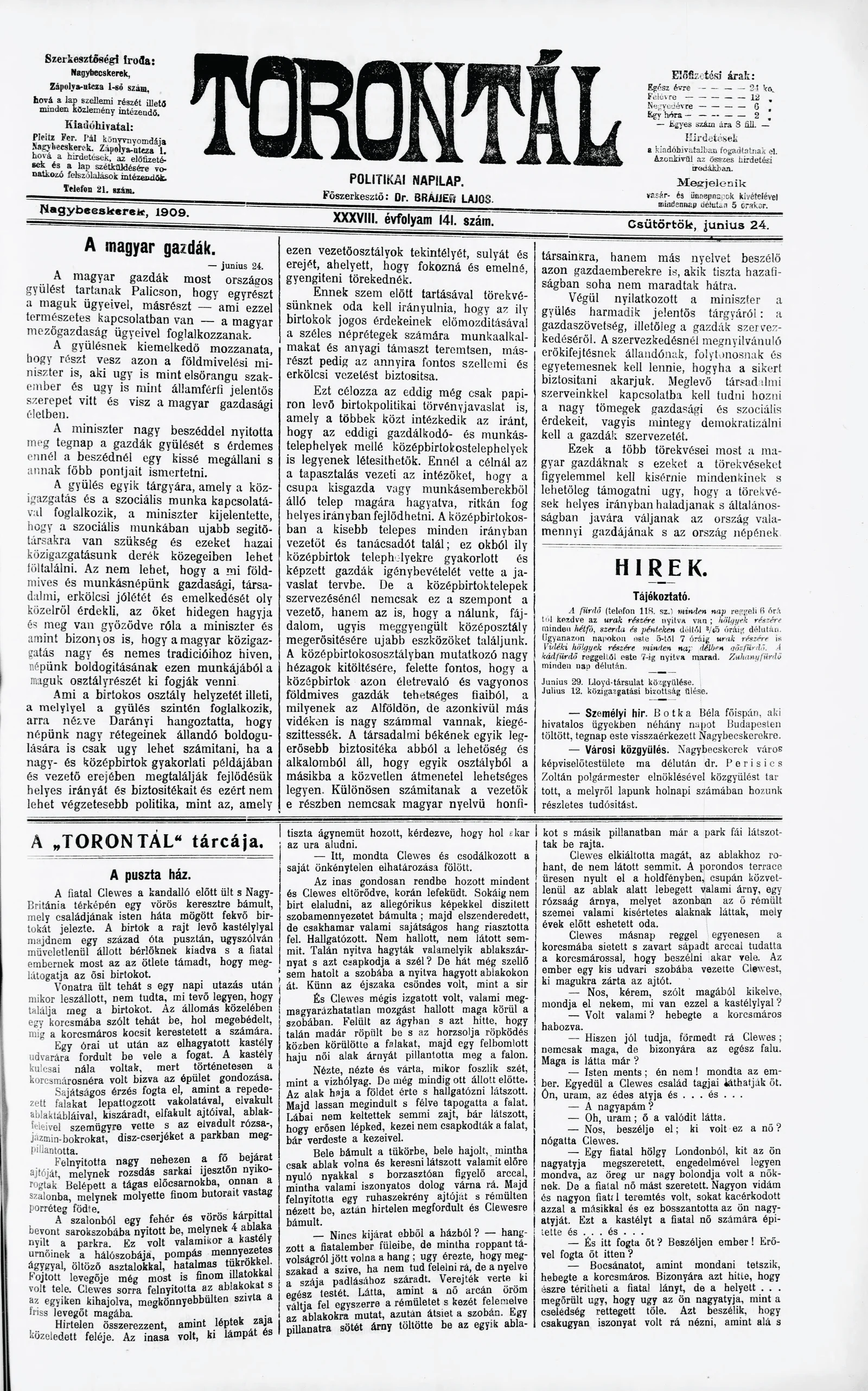 Torontál, 38. évf. 1909. június 24. 141. sz.