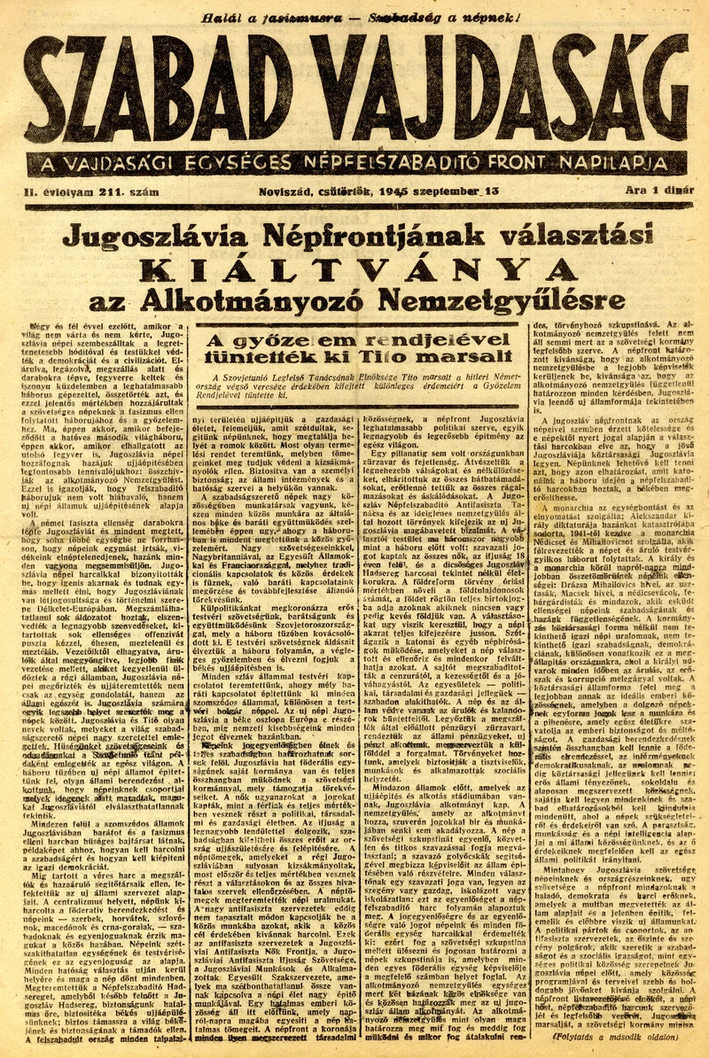 Szabad Vajdaság, 2. évf. 1945. szeptember 13. 211. sz.