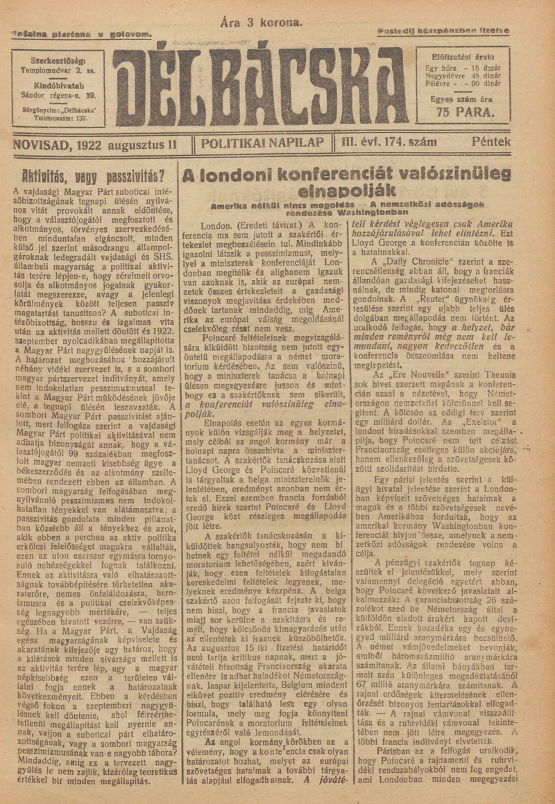 Délbácska, 3. évf. 1922. augusztus 11. 174. sz.