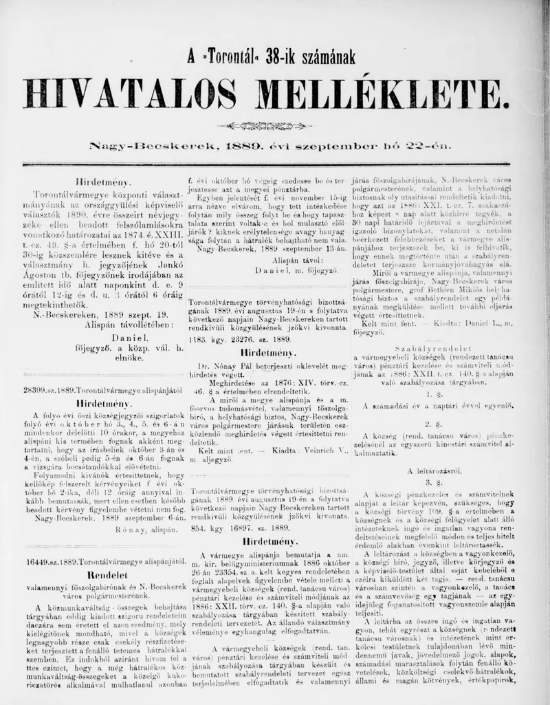 A Totontál  hivatalos melléklete, 2. évf. 1889. szeptember 22. 38. sz.