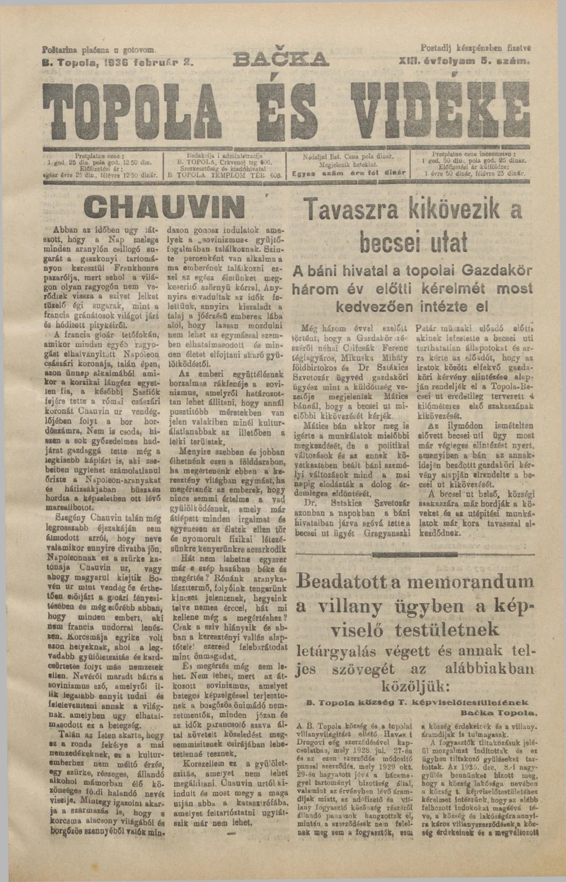 Bačka Topola és Vidéke, 13. évf. 1936. február 2. 5. sz.