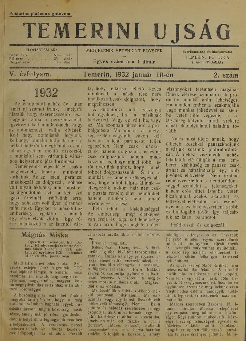Temerini Újság 1928-1944, 5. évf. 1932. január 10. 2. sz.