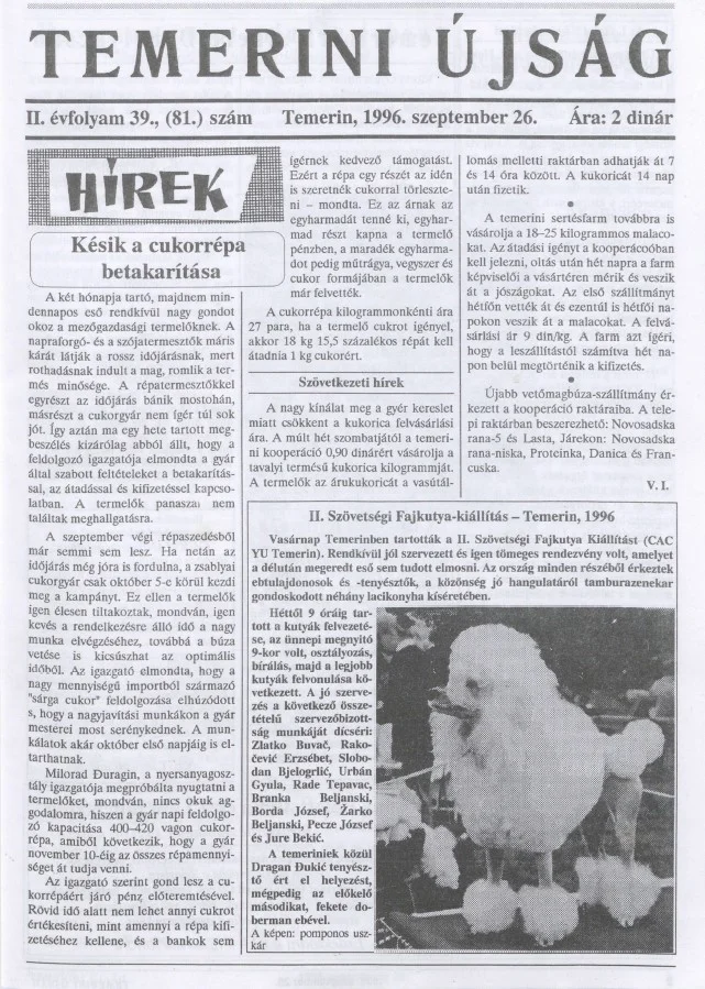 Temerini Újság, 2. évf. 1996. szeptember 26. 39. sz.