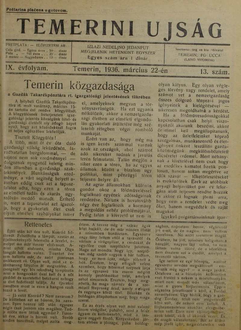 Temerini Újság 1928-1944, 9. évf. 1936. március 22. 13. sz.