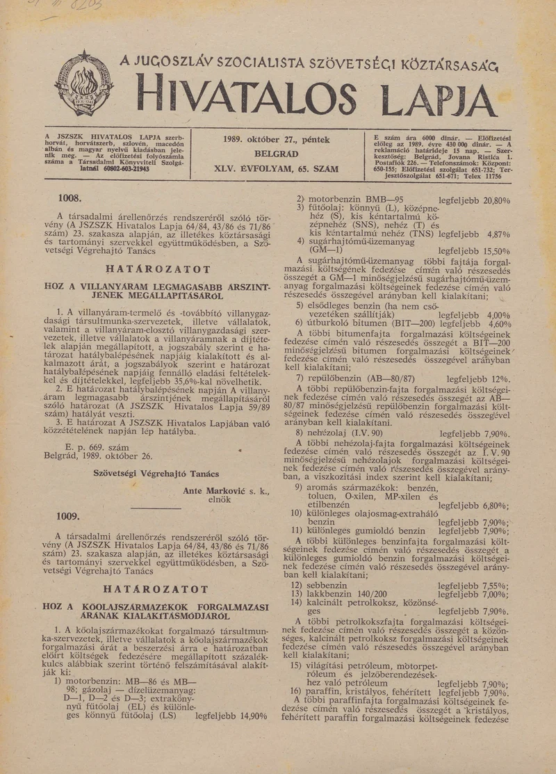 A Jugoszláv Szocialista Szövetségi Köztársaság Hivatalos Lapja, 45. évf. 1989. október 27. 65. sz. 1617–1624. oldal