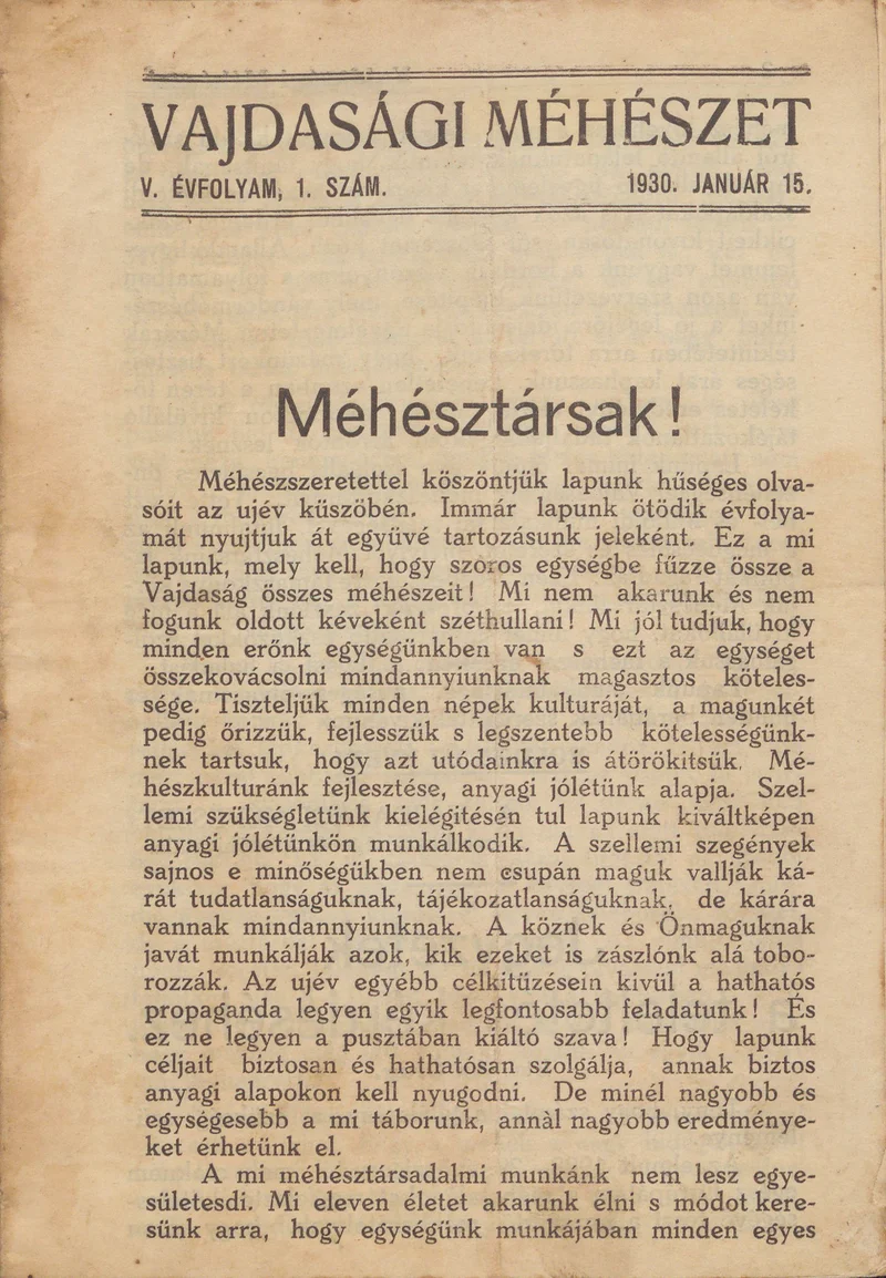 Vajdasági méhészet, 5. évf. 1930. január 15. 1. sz.