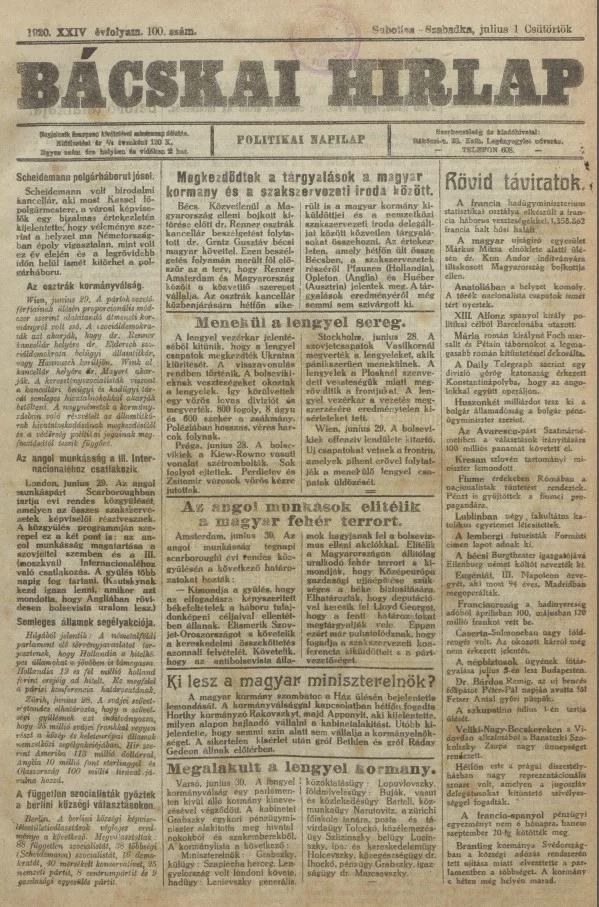 Bácskai Hirlap, 24. évf. 1920. július 1. 100. sz.