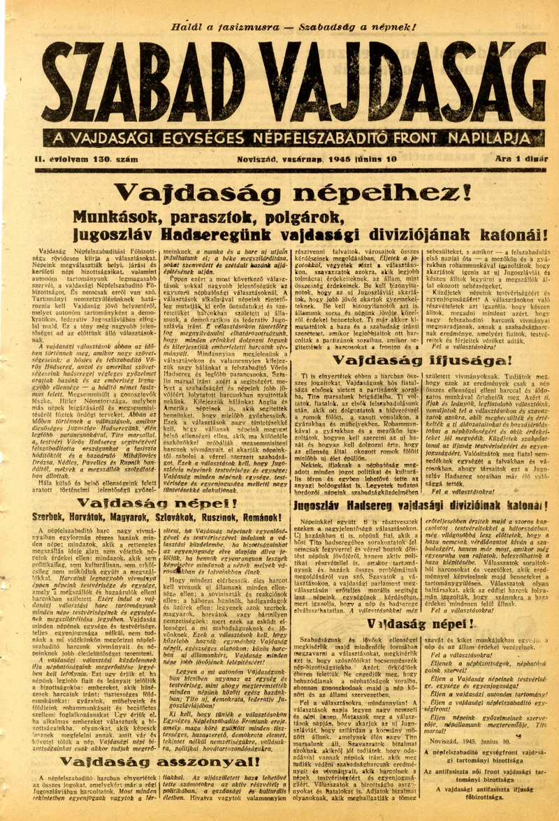 Szabad Vajdaság, 2. évf. 1945. június 10. 130. sz.