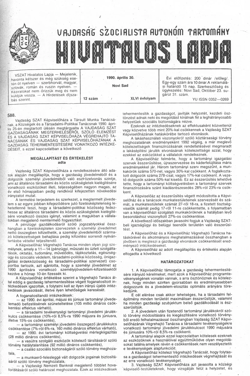 Vajdaság Szocialista Autonóm Tartomány Hivatalos Lapja, 46. évf. 1990. április 30. 12. sz.