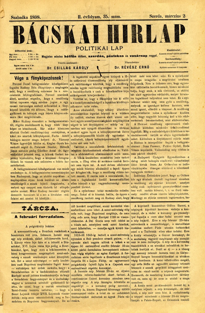 Bácskai Hirlap, 2. évf. 1898. március 2. 35. sz. 1–4. oldal