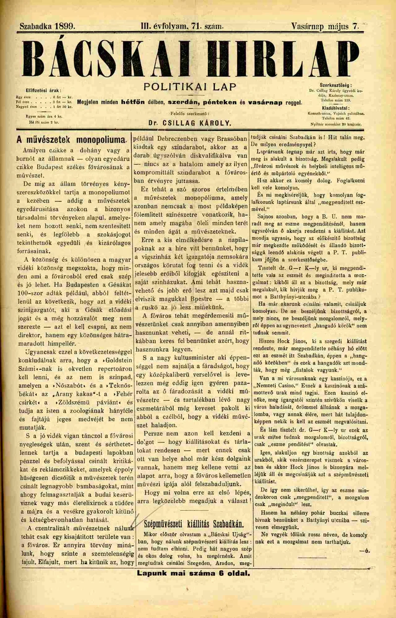 Bácskai Hirlap, 3. évf. 1899. május 7. 71. sz.