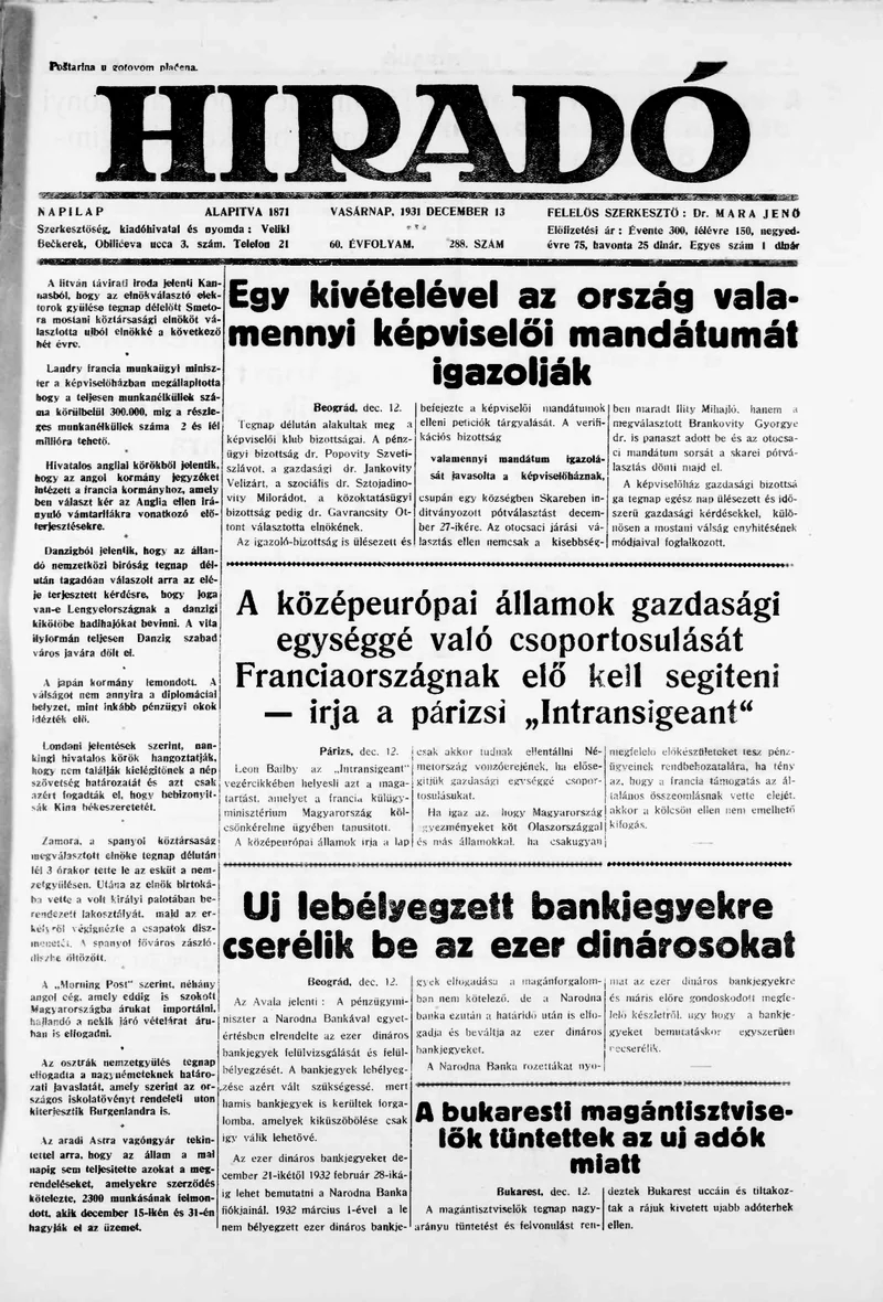 Híradó, 60. évf. 1931. december 13. 288. sz.