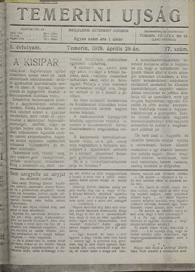 Temerini Újság 1928-1944, 2. évf. 1929. április 28. 17. sz.