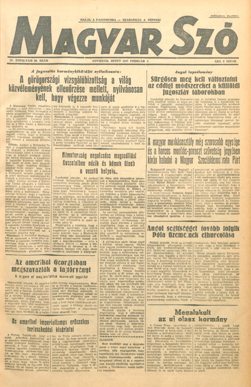 Magyar Szó, 4. évf. 1947. február 3. 29. sz. 1–4. oldal