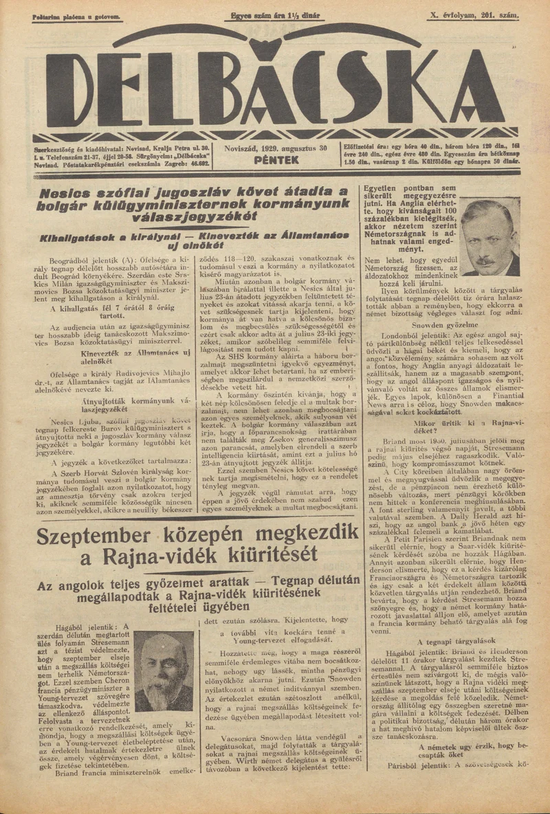 Délbácska, 10. évf. 1929. augusztus 30. 201. sz.