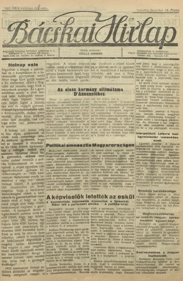 Bácskai Hirlap, 24. évf. 1920. december 24. 228. sz.