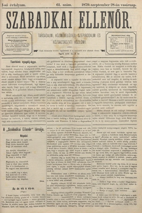 Szabadkai Ellenőr, 1. évf. 1879. szeptember 28. 61. sz.