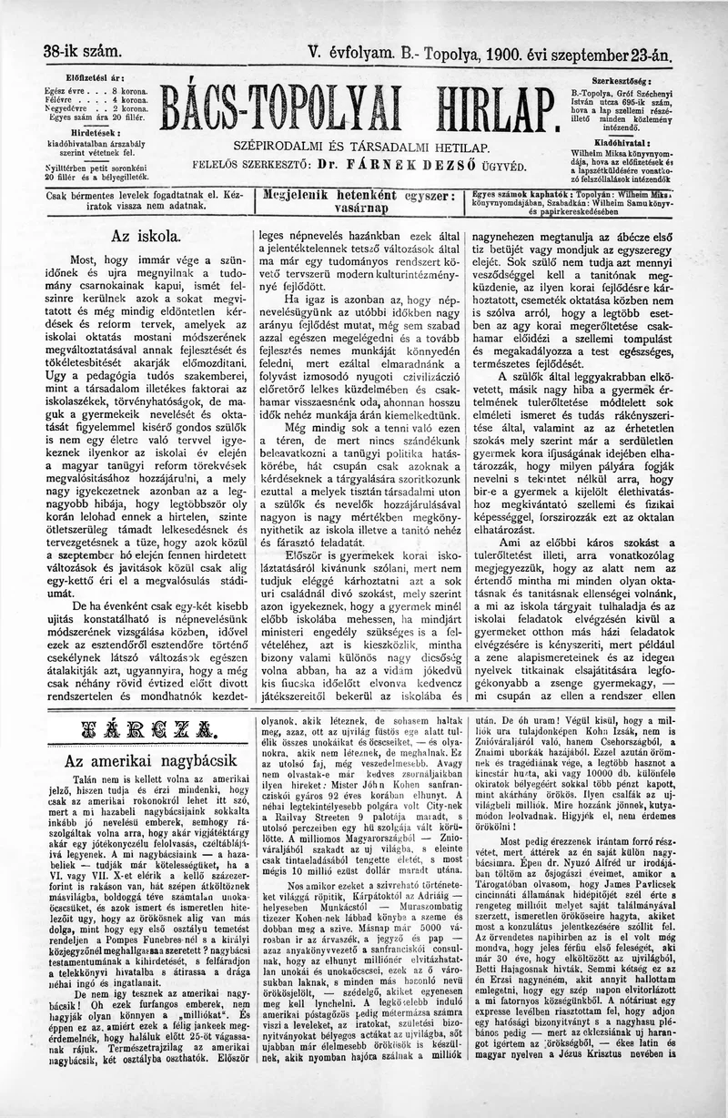 Bács-Topolyai Hirlap, 5. évf. 1900. augusztus 23. 38. sz.