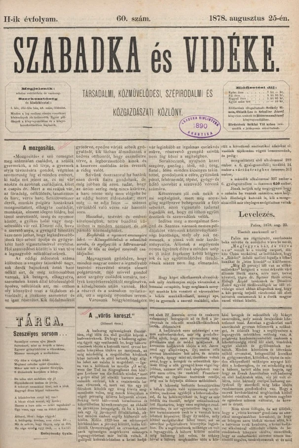Szabadka és vidéke, 2. évf. 1878. augusztus 25. 60. sz.