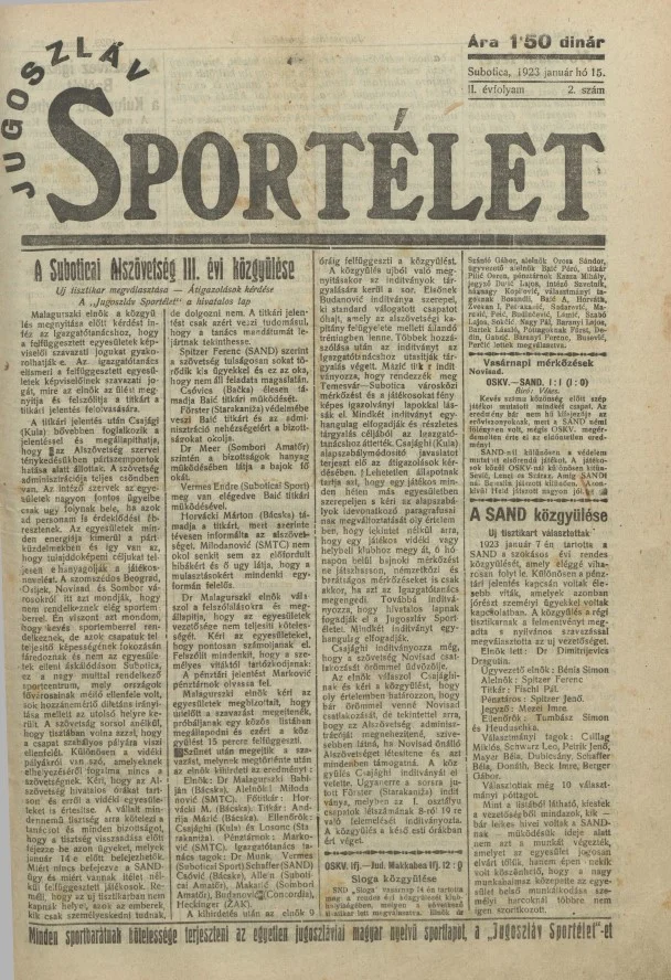 Jugoszláv sportélet, 2. évf. 1923. január 15. 2. sz.