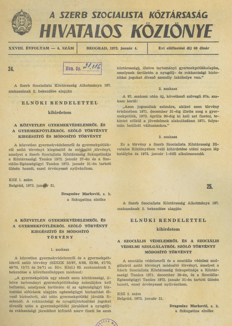 A Szerb Szocialista Köztársaság Hivatalos Közlönye, 28. évf. 1972. január 4. 4. sz. 113–116. oldal
