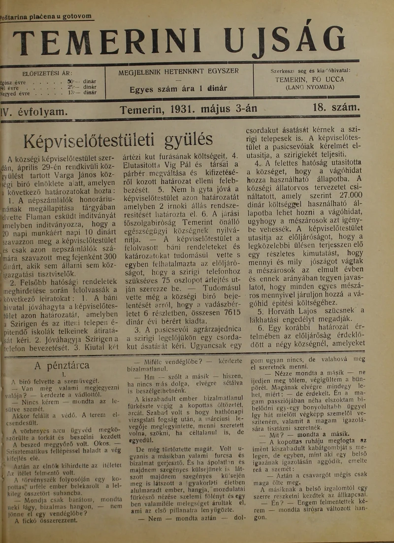 Temerini Újság 1928-1944, 4. évf. 1931. május 3. 18. sz.
