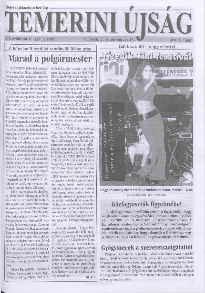 Temerini Újság, 7. évf. 2001. november 15. 46. sz.