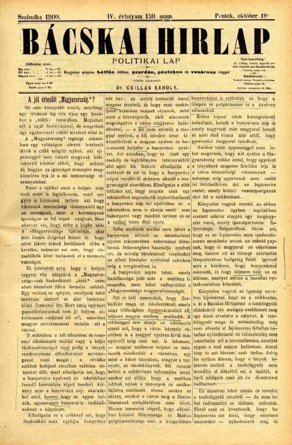 Bácskai Hirlap, 4. évf. 1900. október 19. 159. sz.