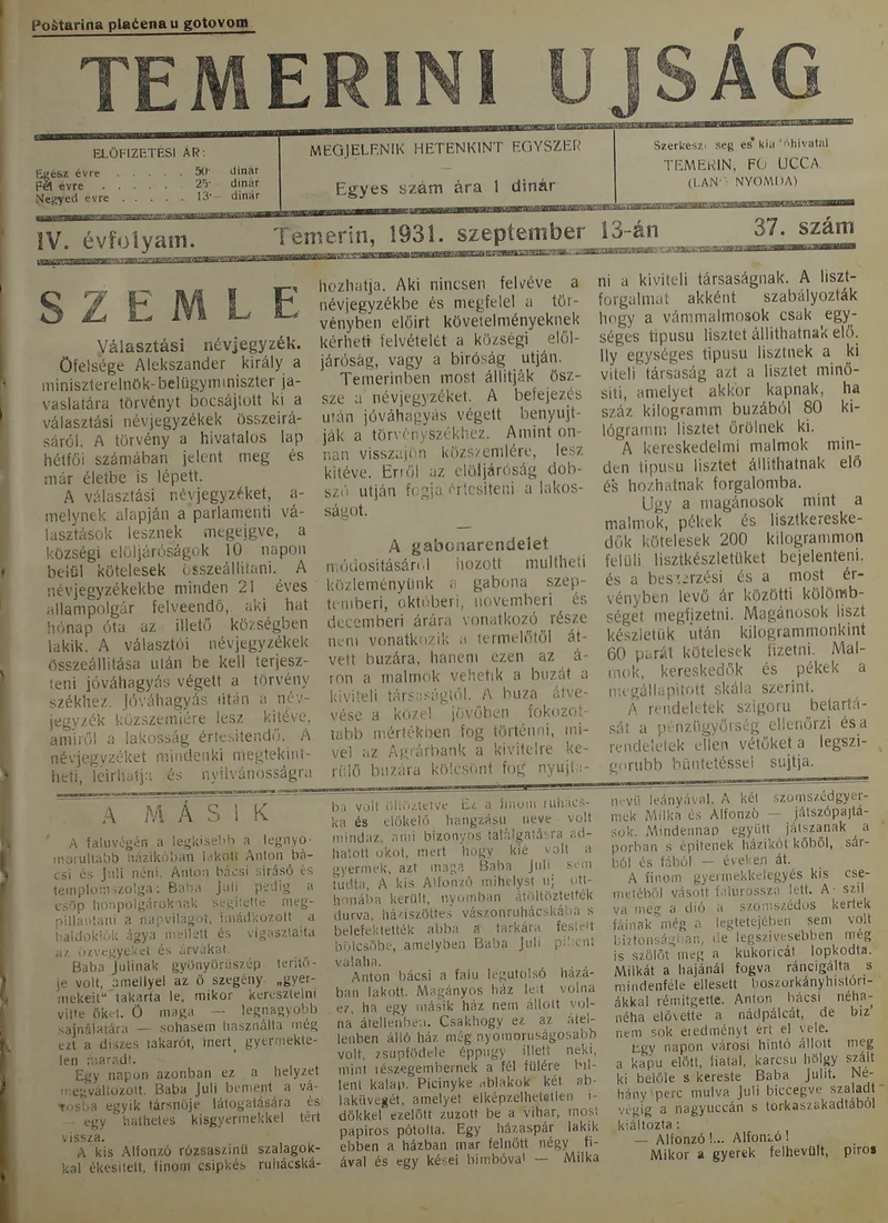Temerini Újság 1928-1944, 4. évf. 1931. szeptember 13. 37. sz.