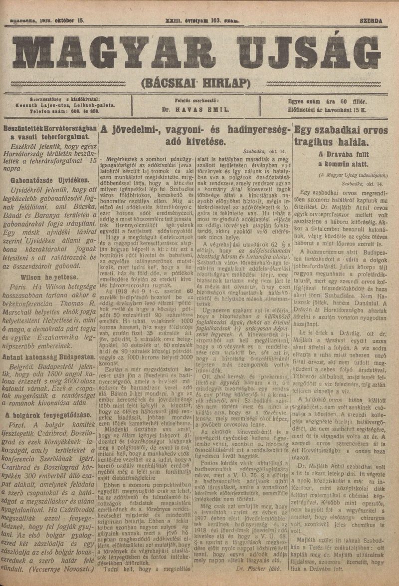 Bácskai Hirlap, 23. évf. 1919. október 15. 103. sz.