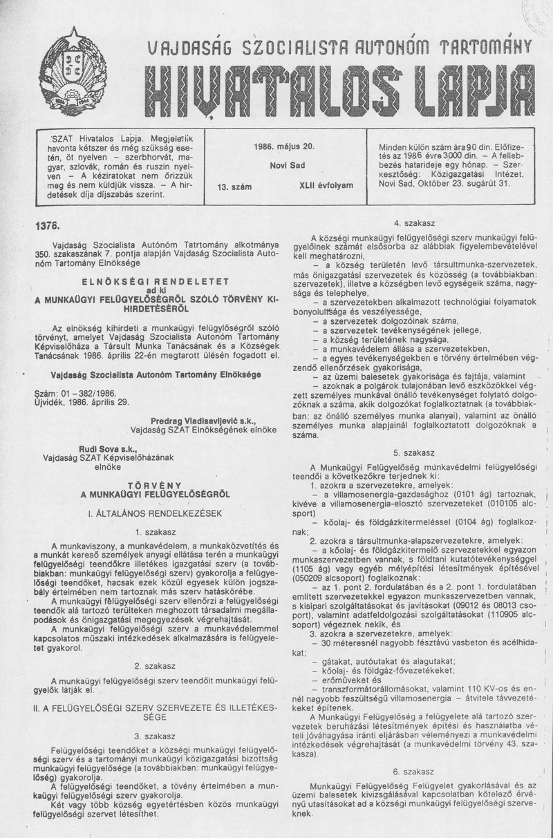 Vajdaság Szocialista Autonóm Tartomány Hivatalos Lapja, 42. évf. 1986. május 20. 13. sz.