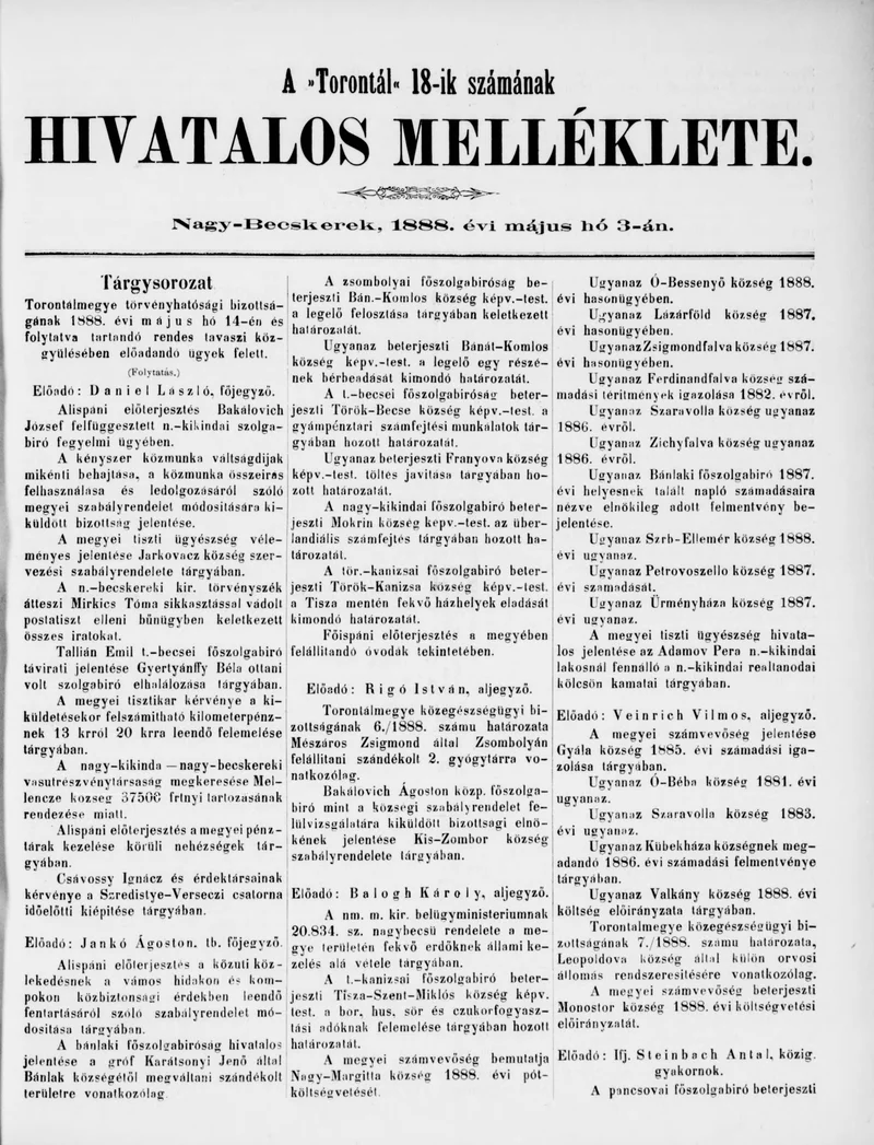 A Totontál  hivatalos melléklete, 1. évf. 1888. május 3. 18. sz.