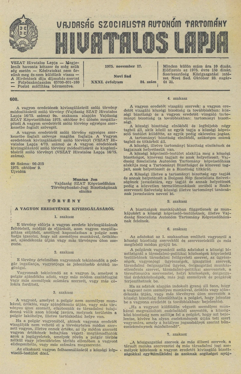 Vajdaság Szocialista Autonóm Tartomány Hivatalos Lapja, 31. évf. 1975. november 17. 24. sz. 1009–1020. oldal