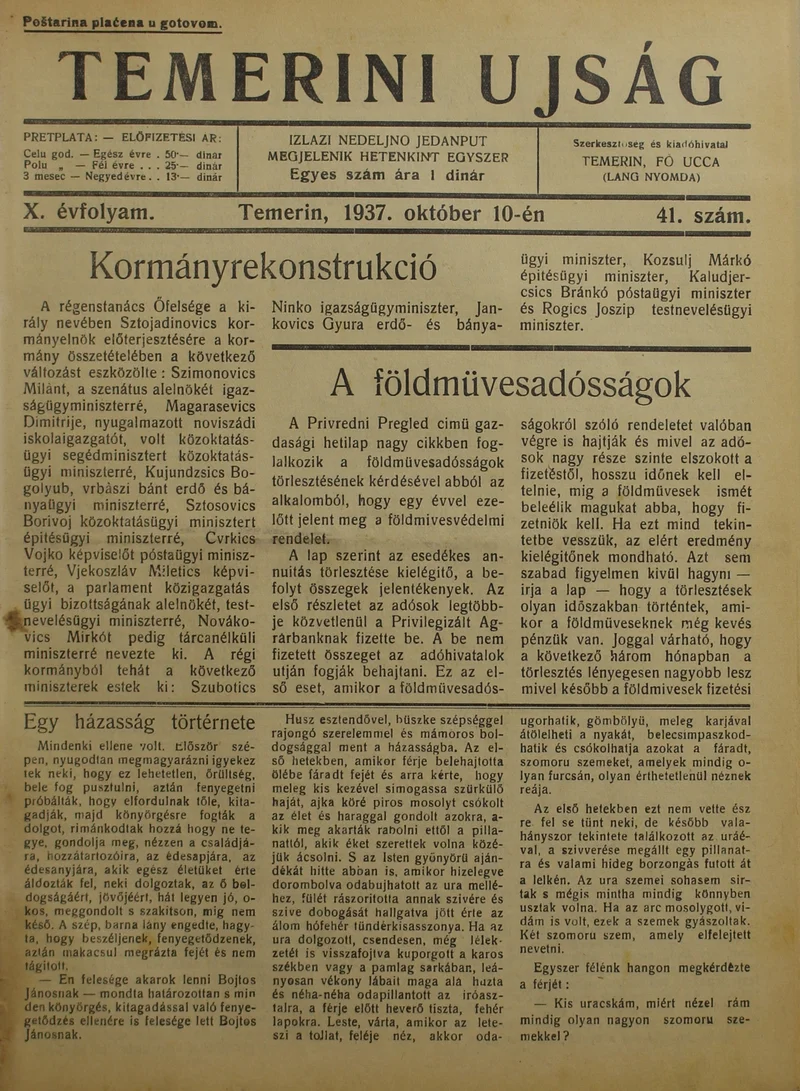 Temerini Újság 1928-1944, 10. évf. 1937. október 10. 41. sz.