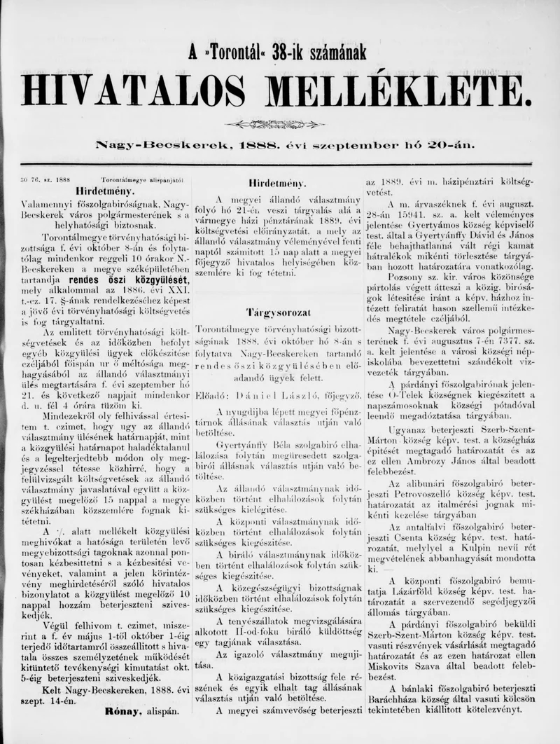 A Totontál  hivatalos melléklete, 1. évf. 1888. szeptember 20. 38. sz.