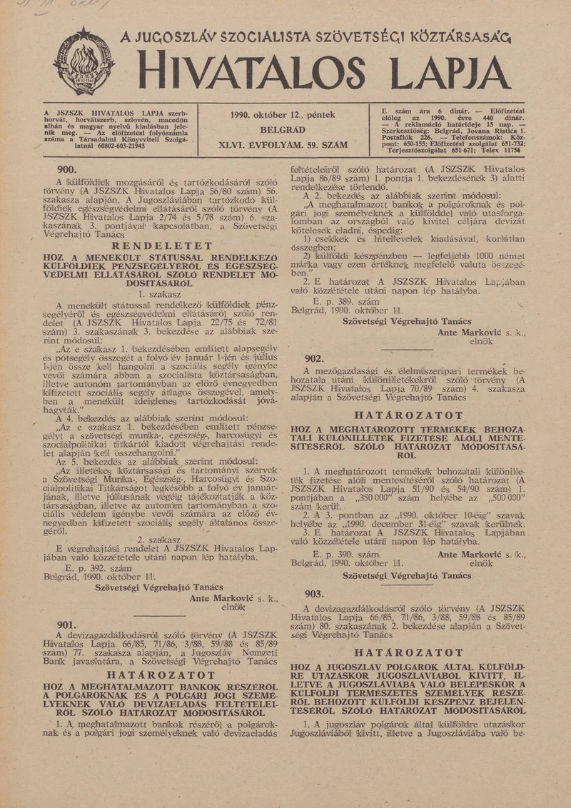 A Jugoszláv Szocialista Szövetségi Köztársaság Hivatalos Lapja, 46. évf. 1990. október 12. 59. sz. 1829–1844. oldal