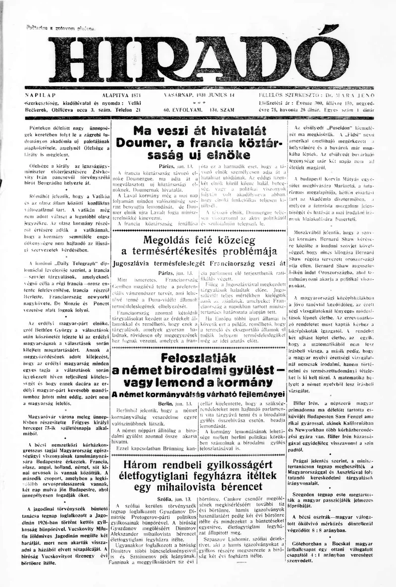 Híradó, 60. évf. 1931. június 14. 134. sz.